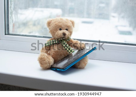 Broken mobile phone screen, and a toy bear 