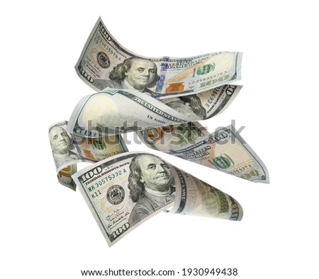 Dollar banknotes flying on white background, collage  Royalty-Free Stock Photo #1930949438