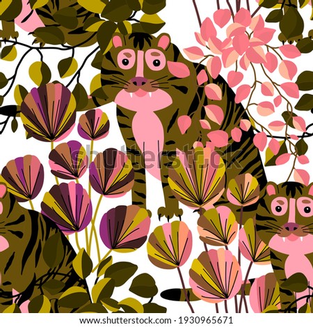Creative seamless pattern with tiger in tropical forest. Bright summer print for any purposes. Trendy style.	