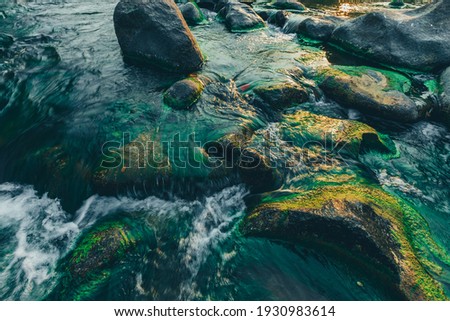 Clear water rapids with green moss grow on the rocks because of the drop in river water levels in the summer.