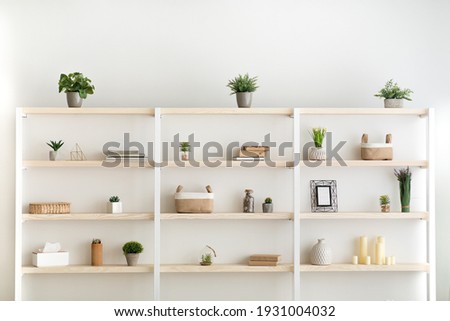 Scandinavian furniture with decorative elements in daylight. Gray wall and shelf with potted plants and accessories in modern living room, office or bedroom interior, flat lay, copy space, indoor