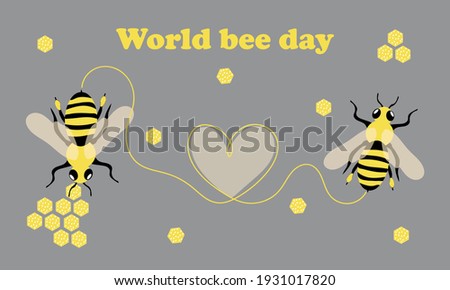 Cute postcard with bees and honeycombs for the holiday World Bee Day. The trendy colors of 2021 are yellow and gray. For printing on business cards, clothes, kitchen textiles. Vector graphics.