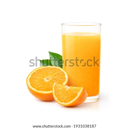 Glass of 100% Orange juice with orange sacs and slices fruits isolate on white background. Royalty-Free Stock Photo #1931038187