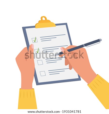 Hands holding clipboard with checklist with green check marks and pen. Human filling control list on notepad. Concept of Survey, quiz, to-do list or agreement. Vector illustration in flat style Royalty-Free Stock Photo #1931041781