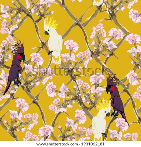 Black and white cockatoo parrots on a lattice of pink almond branches. Seamless vector pattern. Tropical birds and flowers on yellow background. Square design for fabric, wallpaper, wrapping.