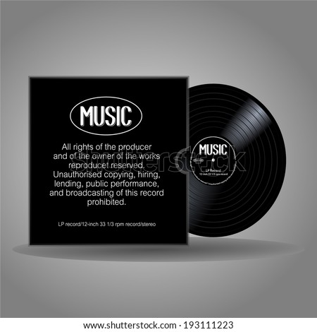 Old, black and white musical record, LP, with cover. eps10 vector art image illustration. isolated on gray background. Vinyl long play record in a paper case, retro design with text note and detail. 