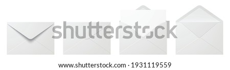 Vector set of realistic white envelopes in different positions. Folded and unfolded envelope mockup isolated on a white background. Royalty-Free Stock Photo #1931119559