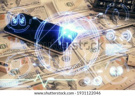 Double exposure of education theme drawing over usa dollars bill background. Concept of study.