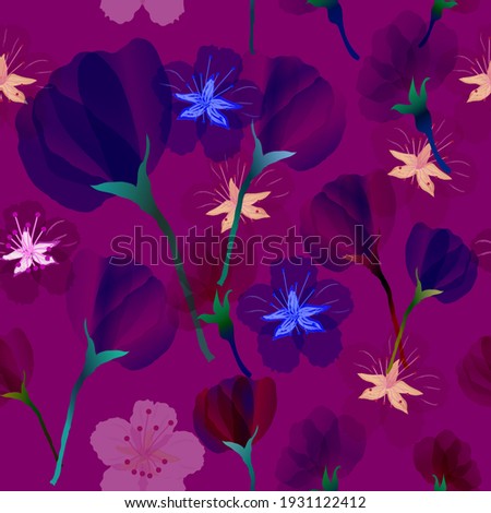 Vector Seamless Hand Drawn Watercolor Tropical flowers Pattern in Neon pink, purple, blue colors. Floral background for cards, prints, ads, fabric, surface design, wallpaper, packaging, wrapping paper
