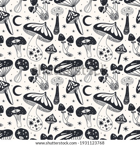 Space mushrooms seamless pattern. Hand drawn line pastel colored mushroom collection. Cosmos, magic or forest doodle plants, fantastic decor textile, wrapping paper wallpaper vector print or fabric Royalty-Free Stock Photo #1931123768