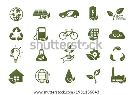 eco icon set. eco friendly, ecology, green technology and environment symbols. isolated vector images in flat style Royalty-Free Stock Photo #1931156843
