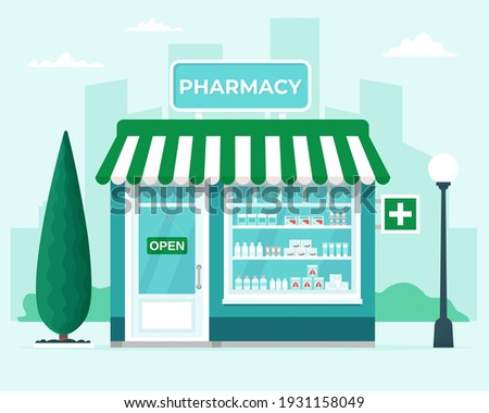 Pharmacy store front on city background. Commercial, property medicine building. Vector illustration in flat style Royalty-Free Stock Photo #1931158049