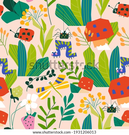 Seamless pattern with insects in summer plants and flowers on white background