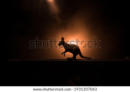 Silhouette of a Kangaroo miniature standing at foggy night. Creative table decoration with colorful backlight with fog. Selective focus