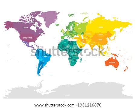 Colorful political map of World. Different colour shade of each continent. With country name labels. Simple flat vector map.
