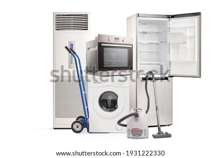 Studio shot of home electircal appliances isolated on white background Royalty-Free Stock Photo #1931222330