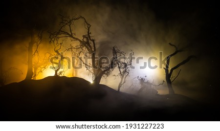 Spooky dark landscape showing silhouettes of trees in the swamp on misty night. Night mysterious forest in fire and dramatic cloudy night sky Royalty-Free Stock Photo #1931227223