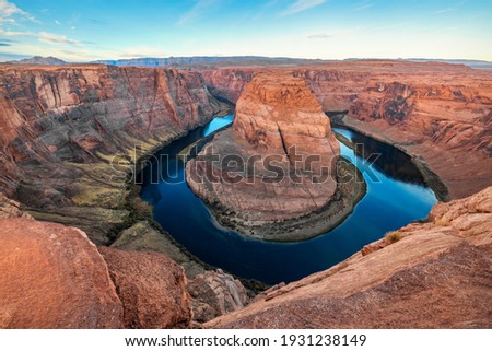 Arizona meander Horseshoe Bend of the Colorado River, in Glen Canyon, beautiful landscape, picture for a postcard, big board, travel agency Royalty-Free Stock Photo #1931238149