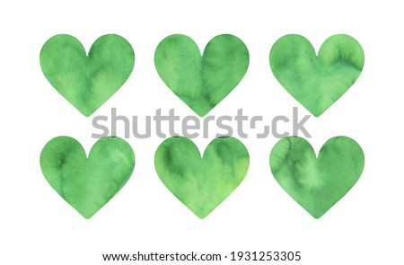 Illustration collection of sap green watercolour hearts with artistic brush strokes, marks and stains. Handdrawn watercolour graphic drawing, cut out clipart elements for creative design decoration.