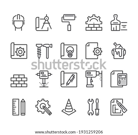 Construction house project development isolated line thin icon set