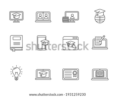 Set of online education with linear style isolated on white background