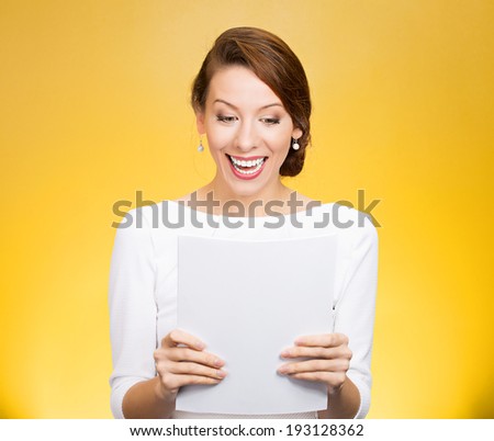 Closeup portrait happy business woman financial expert holding contract documents, reviewing application results isolated yellow background. Positive face expression, emotion reaction. Corporate life