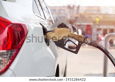 Pumping gasoline fuel in car at gas station.concept Travel and transportation. Royalty-Free Stock Photo #1931286422