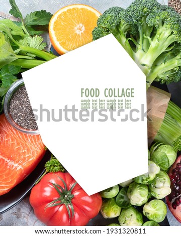Collage of healthy food selection on gray background. Detox and clean diet concept. Healthy food selection on gray background. Detox and clean diet concept. Foods high in vitamins, minerals 
