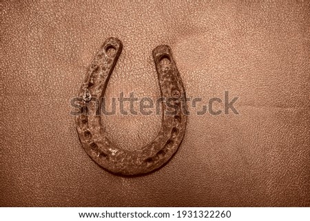 Single rusty horseshoe isolated on a brown leather background. copy space for inscription