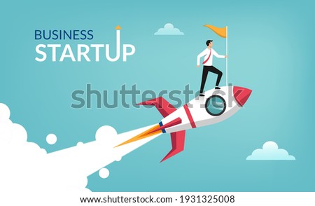 Successful businessman start up holding flag on rocket flying through sky. Business concept illustration. Royalty-Free Stock Photo #1931325008
