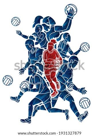 Group of Gaelic Football Female Players Sport Action Cartoon Graphic Vector.	
