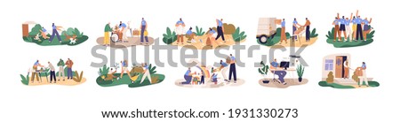 Set of volunteers helping and supporting senior, disabled and homeless people, children and animals. Charity and donation concept. Colored flat cartoon vector illustration isolated on white background Royalty-Free Stock Photo #1931330273