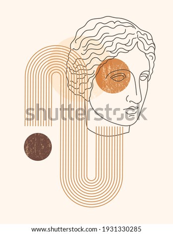 Abstract Boho Illustration with Antique Sculpture of Muse in a Minimal Liner Trendy Style. Vector Contemporary Background in Neutral colors for posters, t-shirts print, Cover, Social Media Stories Royalty-Free Stock Photo #1931330285
