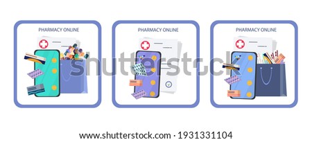 Online pharmacy. Stickers. A label with medical information on the wall, website, for ordering and buying drugs on the Internet. Doctor's prescription, pills and phone. Medical service. Vector image. 