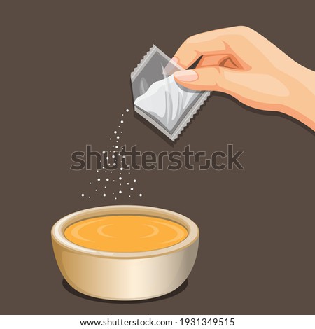 Hand put seasoning powder sachet to food bowl. cooking instruction symbol illustration vector Royalty-Free Stock Photo #1931349515