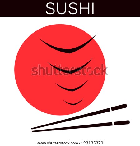 Sushi  background, chopsticks, sun, abstract flying birds. Isolated on white