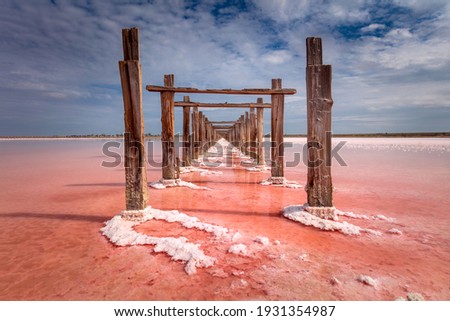 Minimalistic natural landscape Real pink color of salt lake and deep blue sky, Ukraine travel background. Miracle of nature Royalty-Free Stock Photo #1931354987