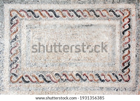Horizontal ancient byzantine natural stone tile mosaics with geometrical frame. Copy space for text. Mock up template Royalty-Free Stock Photo #1931356385
