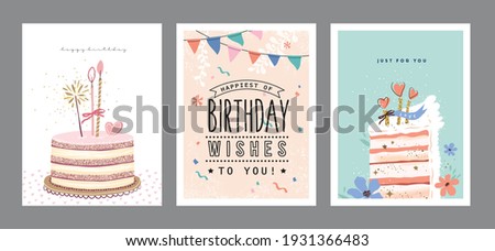 Set of lovely birthday greeting cards with cakes Royalty-Free Stock Photo #1931366483