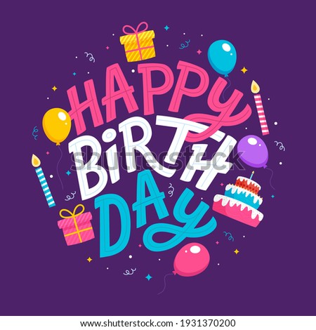 Hand drawn happy birthday lettering with balloons, confetti, cake and candles on purple background. Royalty-Free Stock Photo #1931370200