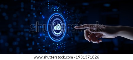 Cloud technology concept. Computing data storage. Software infrastructure. Hand pressing button. Royalty-Free Stock Photo #1931371826
