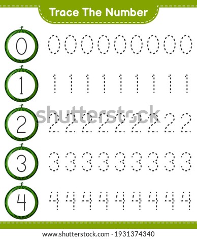 Trace the number. Tracing number with Watermelon. Educational children game, printable worksheet, vector illustration