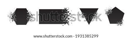Shape shattered and explodes flat style design vector illustration set isolated on white background. Pentagon, triangle, rectangle, hexagon shapes in grayscale gradient explosion. Royalty-Free Stock Photo #1931385299