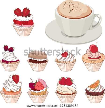 Set with different fruit muffins and cup of coffee cappuccino. Objects isolated on white background. Illustration can be used for restaurants and cafe menu.