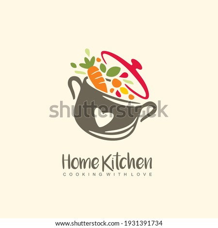 Home kitchen logo with pot full of healthy vegetables and vitamins. Cooking with love logo design idea for grandma food. Playful symbol idea with colorful ingredients. Vector icon. Royalty-Free Stock Photo #1931391734
