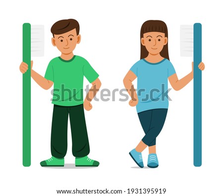 Children Stand and Hold Big Toothbrush.