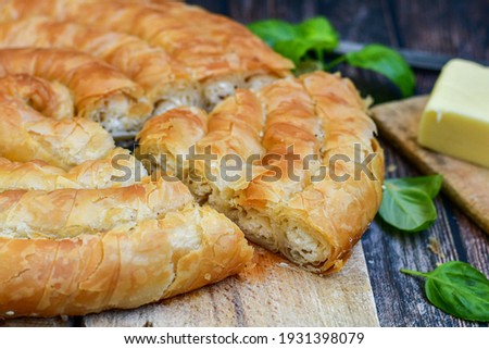 Bakery .Home made  cheese pie  with phyllo pastry and organic eggs. Bulgarian banitsa