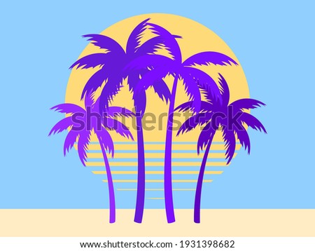 Palm trees landscape. Tropical sunshine in flat style. Exotic sunset. Design for poster, travel banner. Vector illustration
