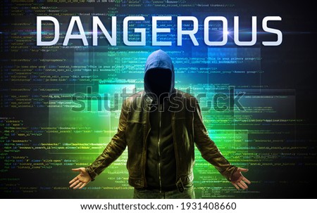 Faceless hacker with DANGEROUS inscription on a binary code background