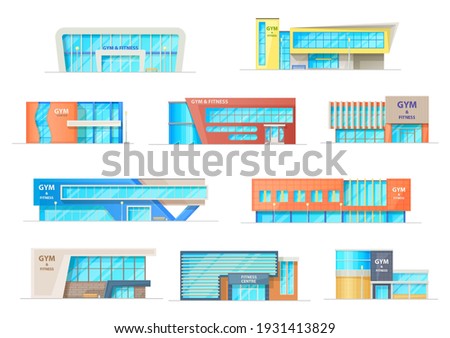Gym or fitness center buildings, vector contemporary city architecture constructions for sports activity, recreation. Workout exercising sport club facades of modern design isolated cartoon icons set Royalty-Free Stock Photo #1931413829